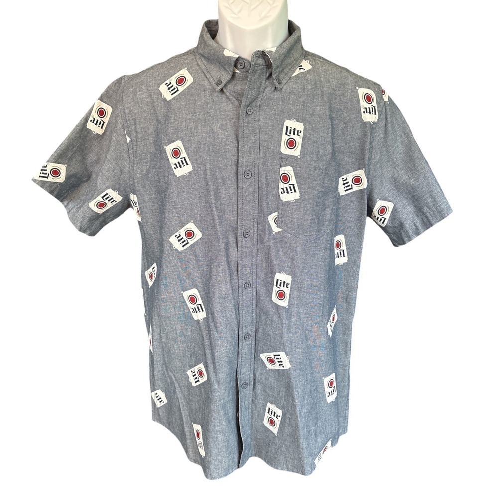 Miller Lite Beer Blue Chambray Short Sleeve Button Up Logo Shirt, Men's Small
